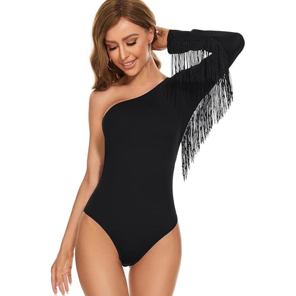 Komorebi Black One-Shoulder Fringe Bodysuit Size Small
